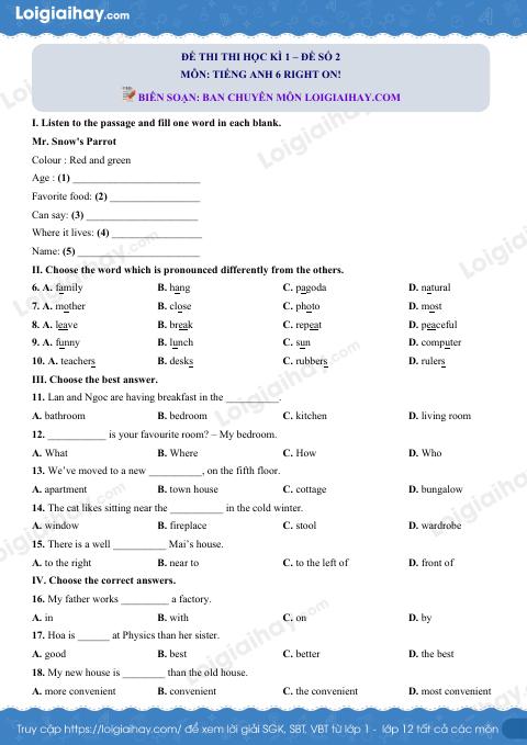 Đề thi học kì 1 Tiếng Anh 6 Right on! - Đề số 2